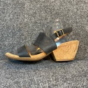 Korks Kork-Ease Vienne Black Leather Slingback Heeled Cork Sandals Womens 7